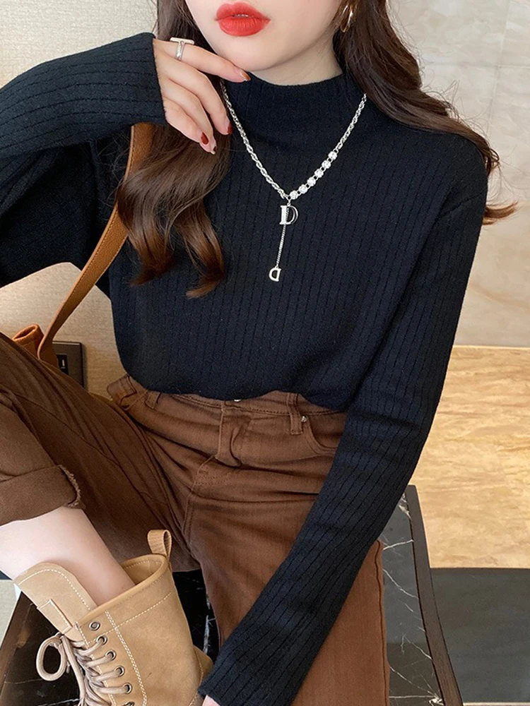 Turtleneck Winter Sweater Women Elegant Thicken Velvet Lined Warm Sueter Fleece Knitted Pullover Slim Top Jersey Jumper Knitwear