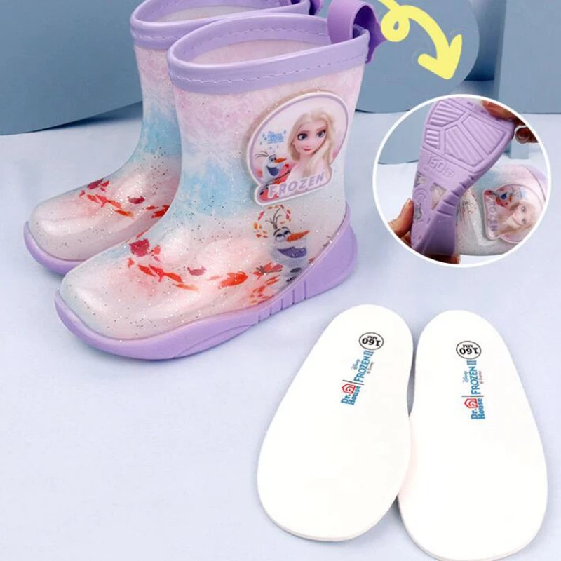 New Kids Girls Rain Boots Boys Waterproof Shoes Cartoon Disney Frozen Elsa Princess Student Children Toddler Flat Water Shoes