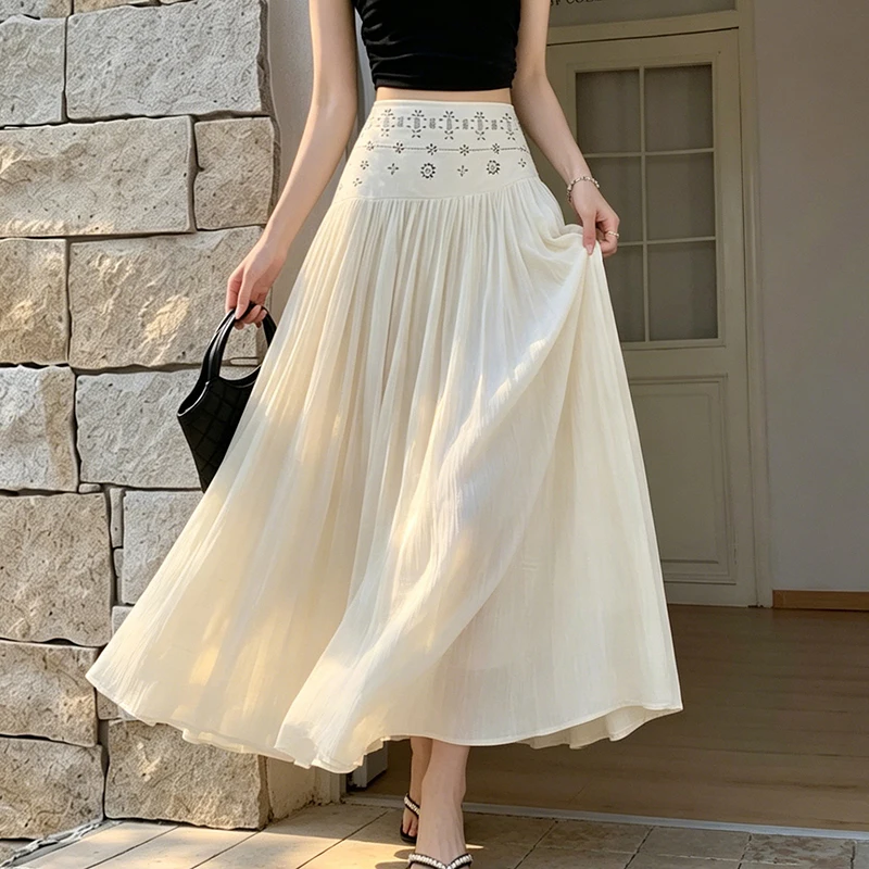 Seoulish Vintage Boho A-Line Maxi Skirts Women 2026 New Spring Summer High Waist Beach Holiday Casual Long Skirt for Women