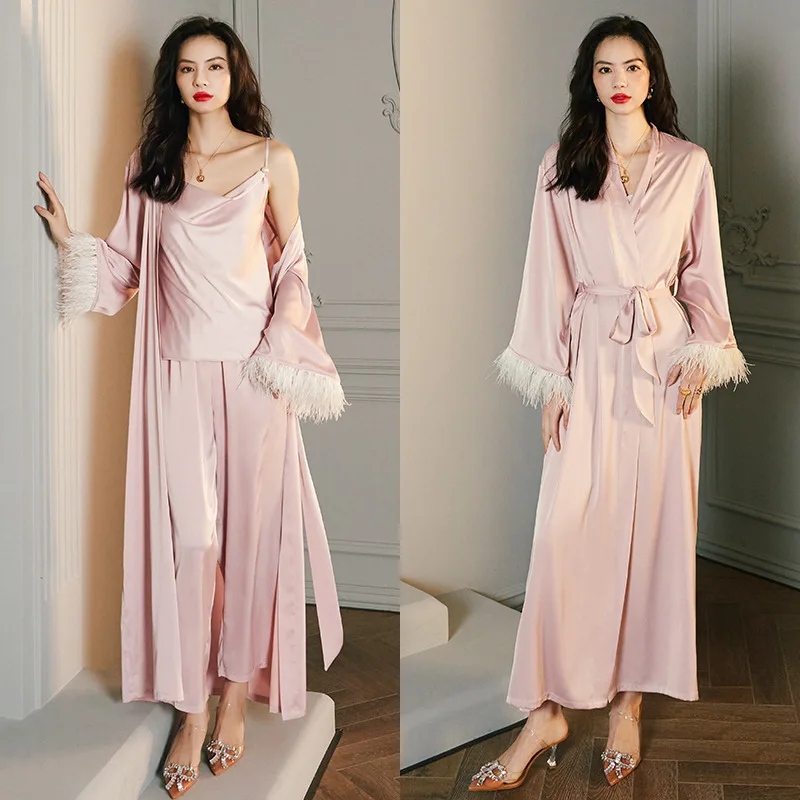 Female 4PCS Pajamas Set Luxurious Bride Wdding Robe with Feather Long Bathrobe Gown Spring Summer Loose Satin Nightgown Homewear