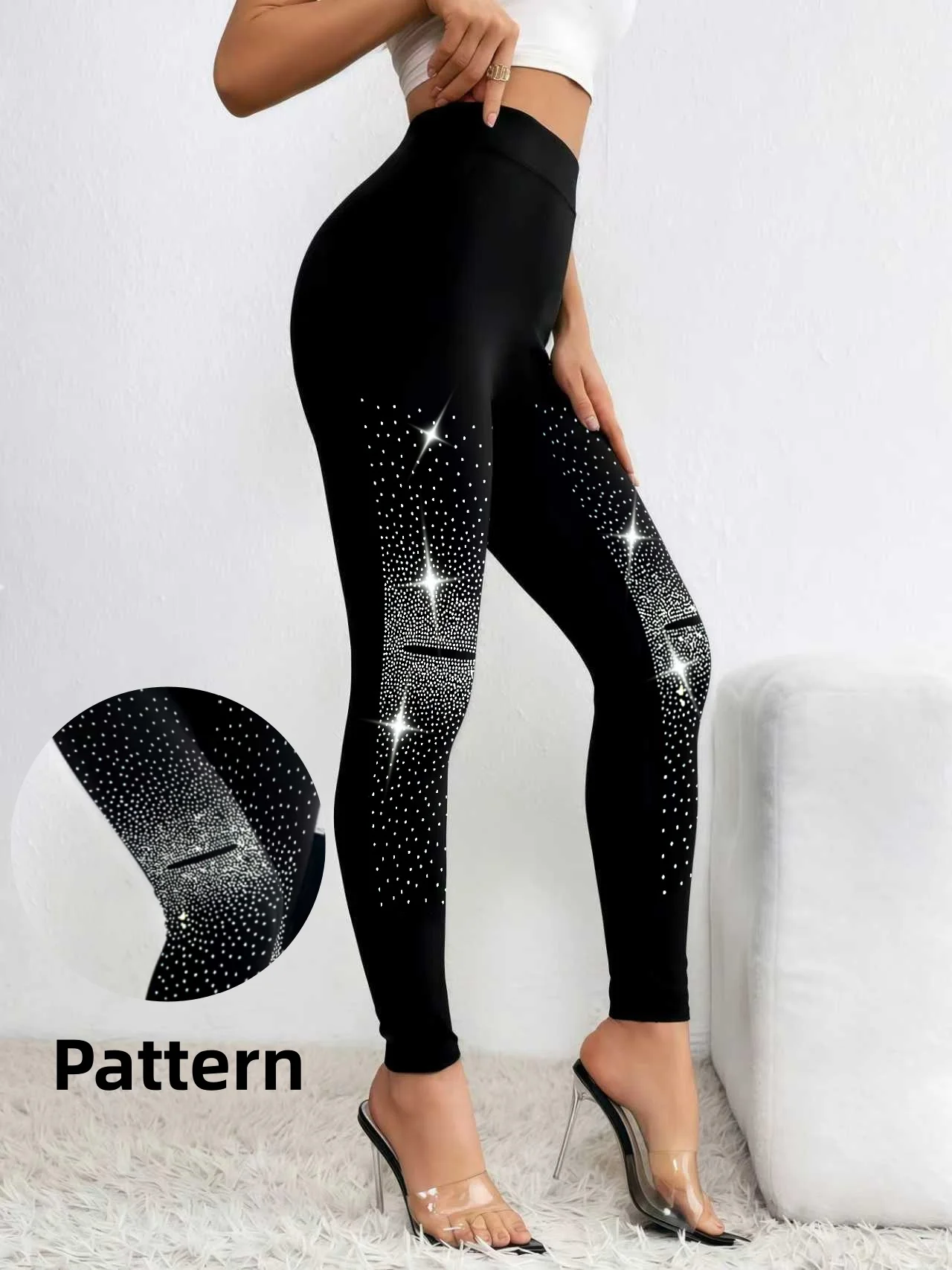 Women's Shiny Black Full Rhinestone Letter Leggings High Waist Stretchy Slim Leggings for Date Wear