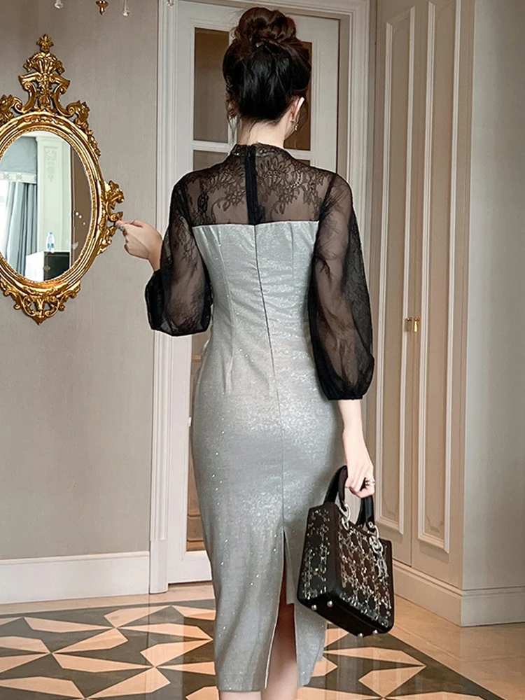 Profesjonalne sukienki damskie Elegancka czarna przezroczysta koronka z długim rękawem Szare fałdy Slim Midi Robe Business Party Vestidos Spring