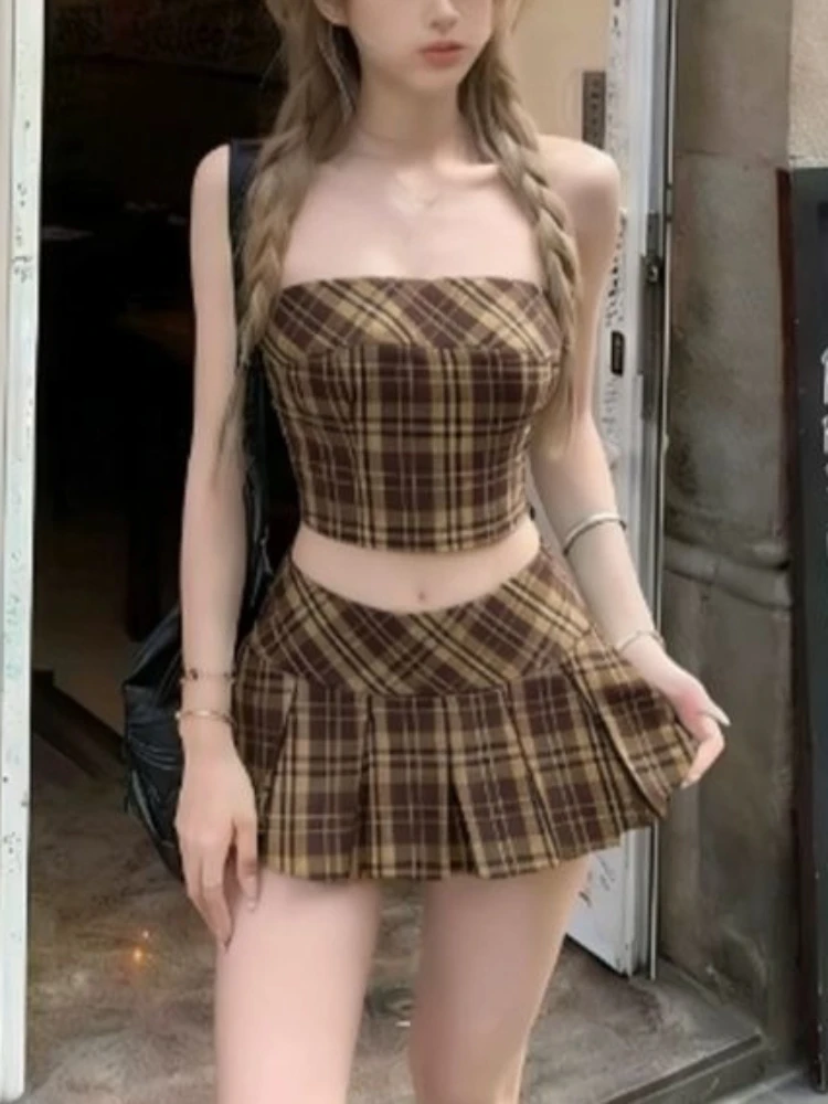 

New Summer French Sexy Elegant 2 Piece Set Women Chic Sleeveless Strapless Y2k Tops + Mini Skirts Japanese Casual Retro Outfits