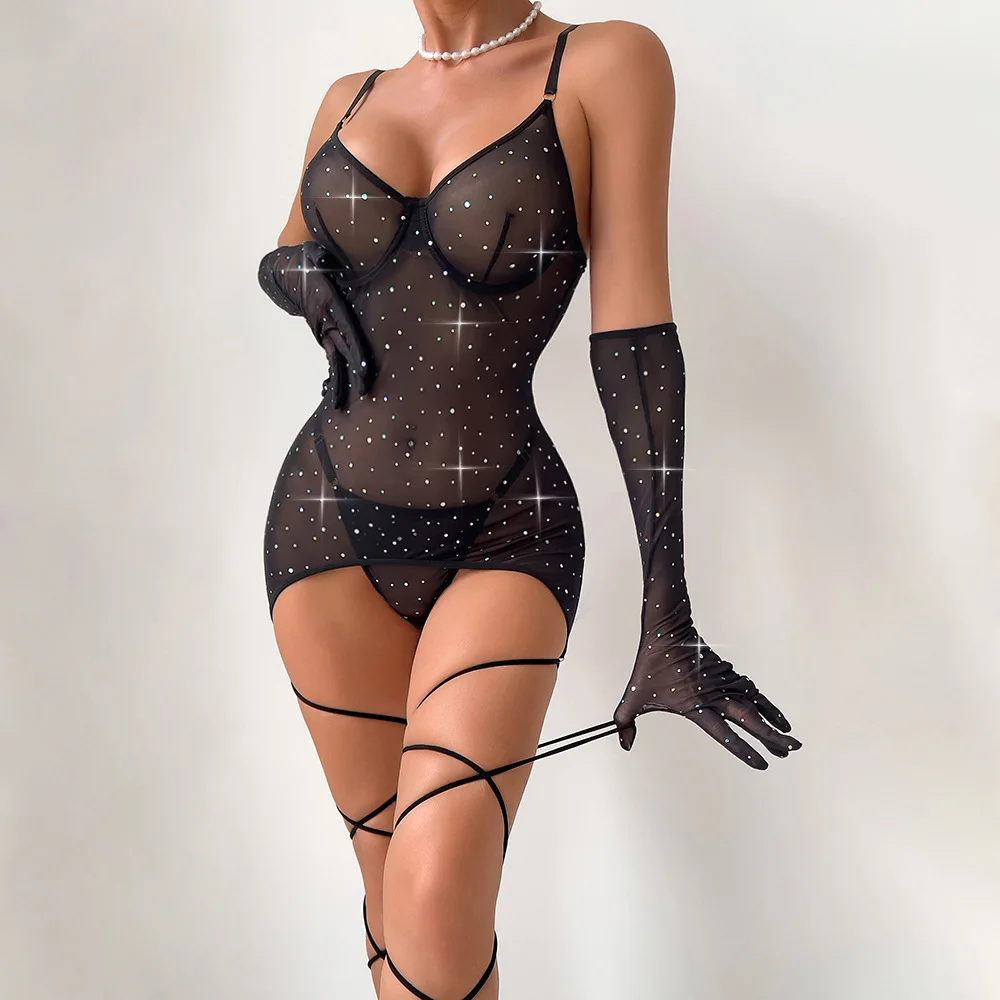 

Sexy Stunning Female Black Rhinestone Mesh Lingerie Set with Gloves High Elastic Erotic Transparent Night Wear for Women