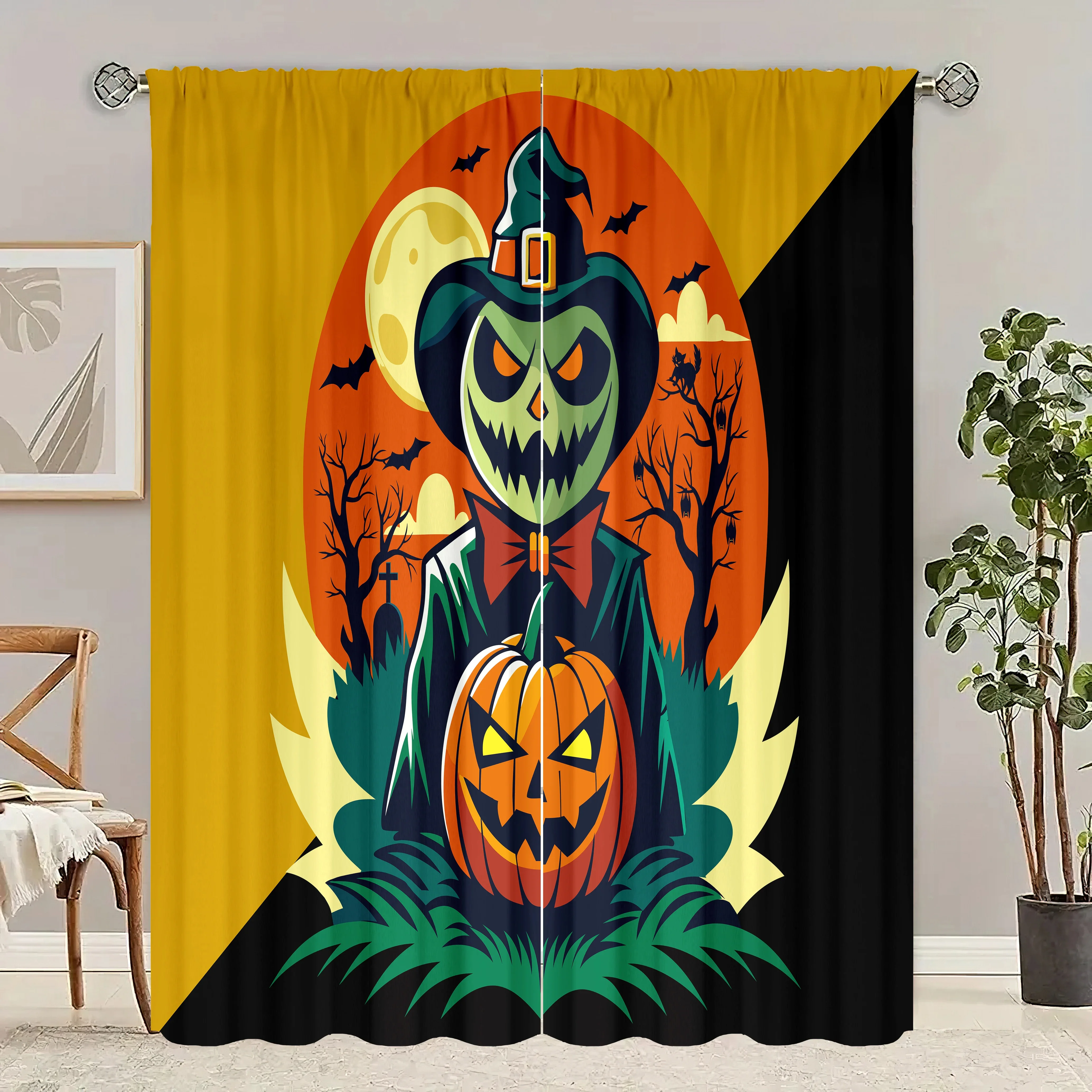 Spooky Halloween Printed Curtains - 2-Piece Polyester Set for Bedroom, Living Room & Study Decor, Festive Window Treatment​