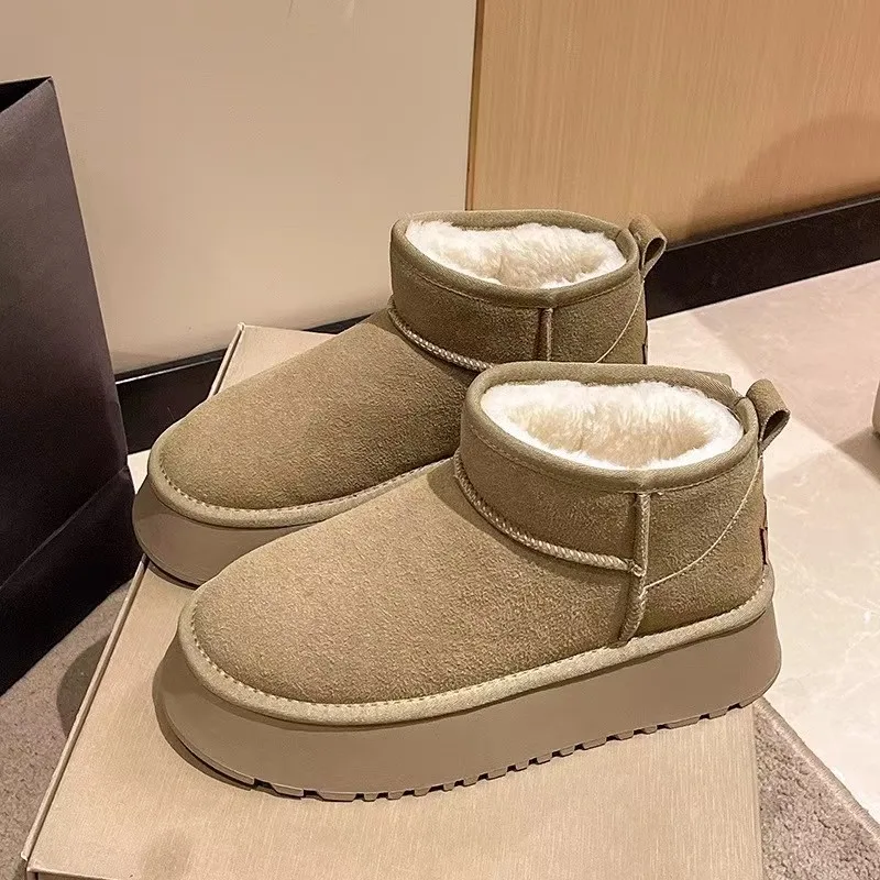 Winter Women Real Sheepskin Wool Ultra Mini Platform Snow Boots Classic Genuine Leather Natural Fur Warm Thick sole Shoes NONE