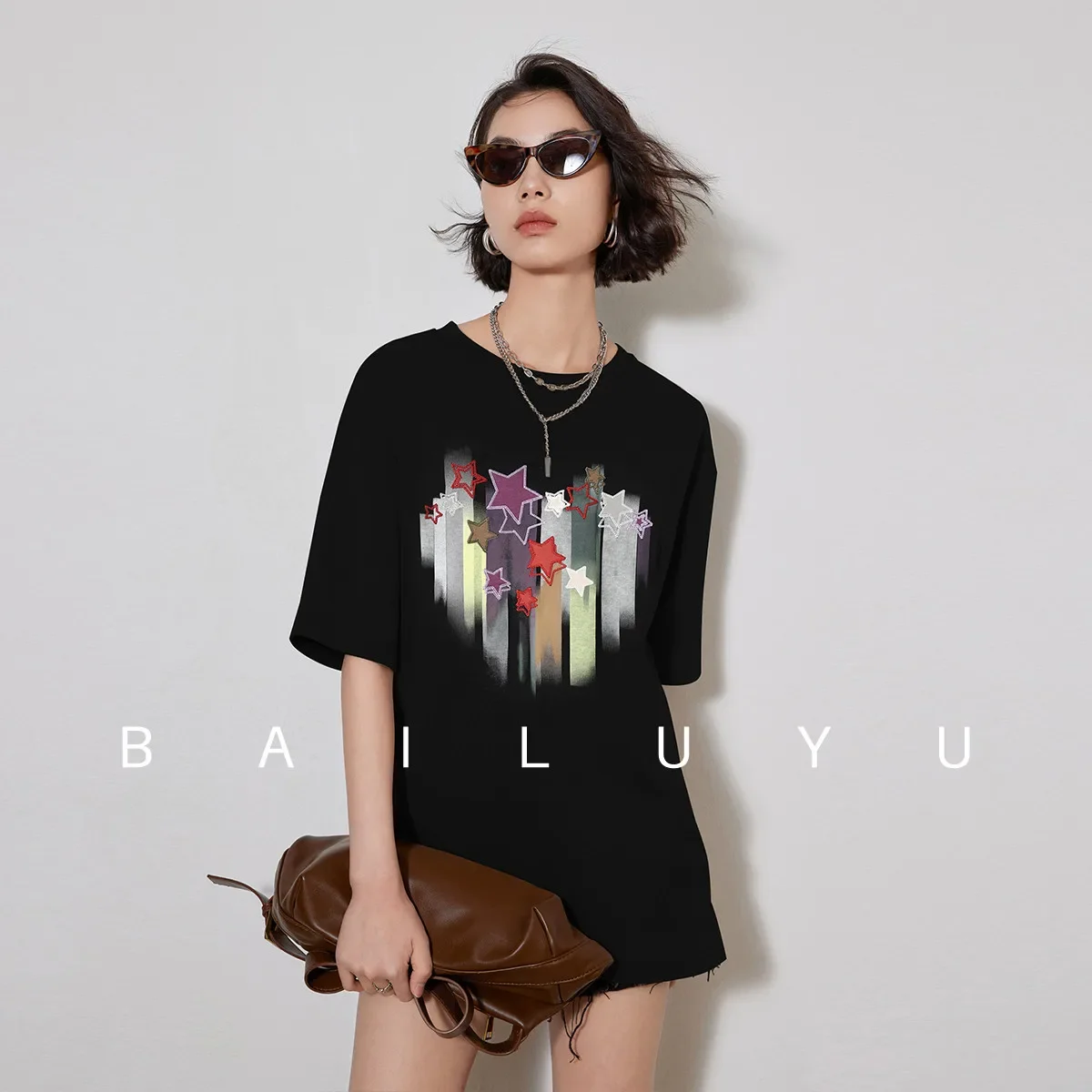 LOUIS YAO Women T-shirt 2024 Summer New Round Neck Short Sleeve Loose Fit Casual Drop Shoulder Sleeve Print Fashionable Chic Top