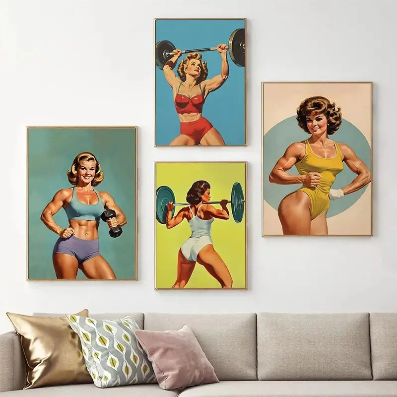 Retro Gym Women Weightlifting Fitness Posters Prints Canvas Painting Wall Art Picture Living Room Home Decor