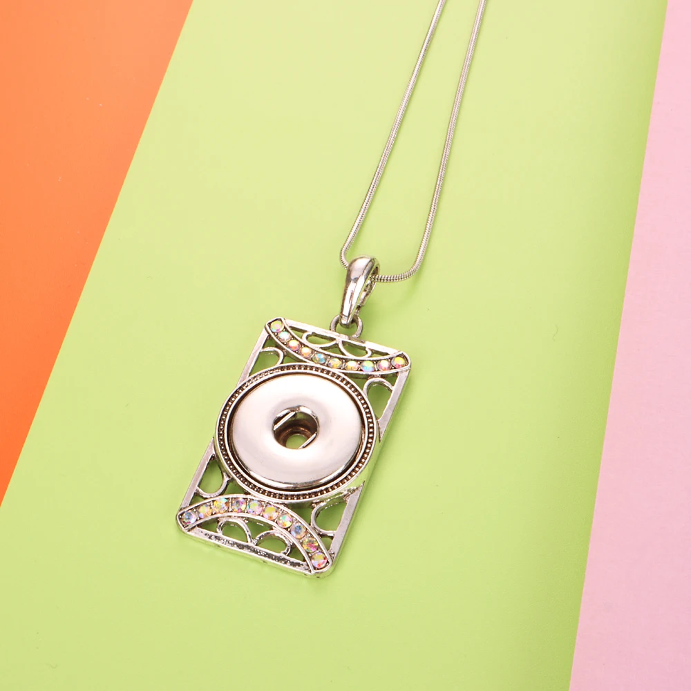 The Rectangle Pendant Rhinestone Geometry Interchangeable Necklace 026 Fit 18mm Snap Button Charm Jewelry For Women Gift