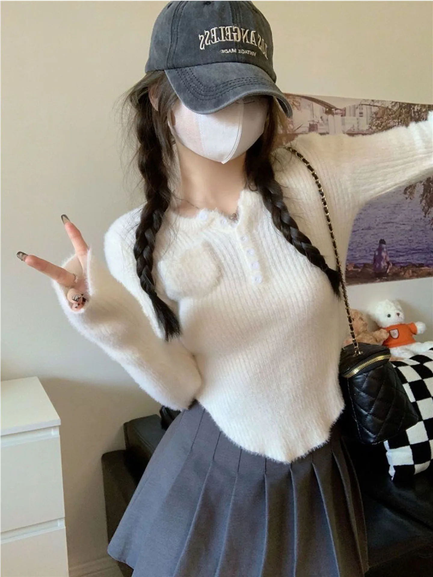 

Women's ort Knitted Sweater Furry Trim Slim Fit Casual Sle Autumn Faion Inner Wear High-End Feeling Pure Desirable Base...