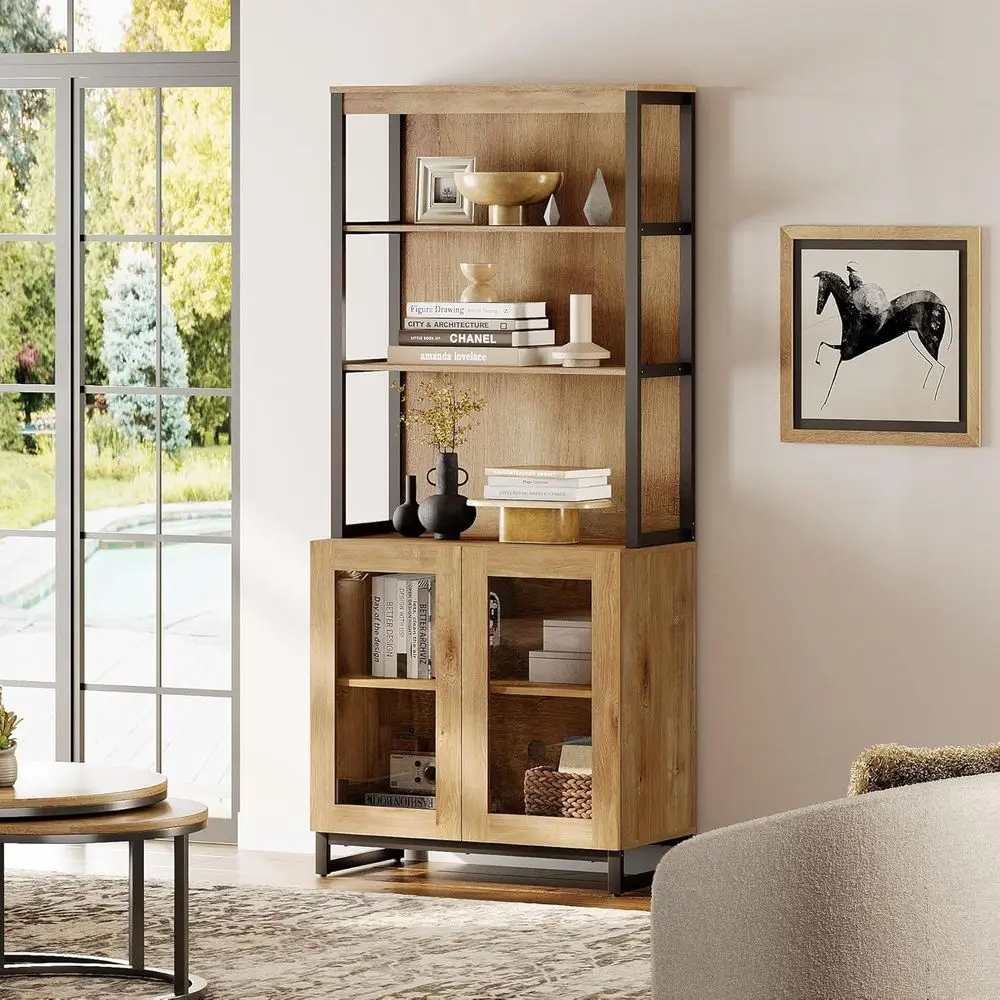 

72 Tall Oak Bookcase with Glass Doors, Adjustable Shelves, Storage Cabinet, Suitable for Home or Office
