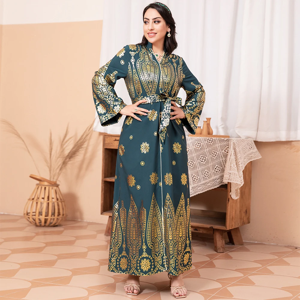 Fridayin Muslim Ramadan celebrity elegant dark green V-neck floral bronzing belt bell sleeves fashionable Arabic long dress