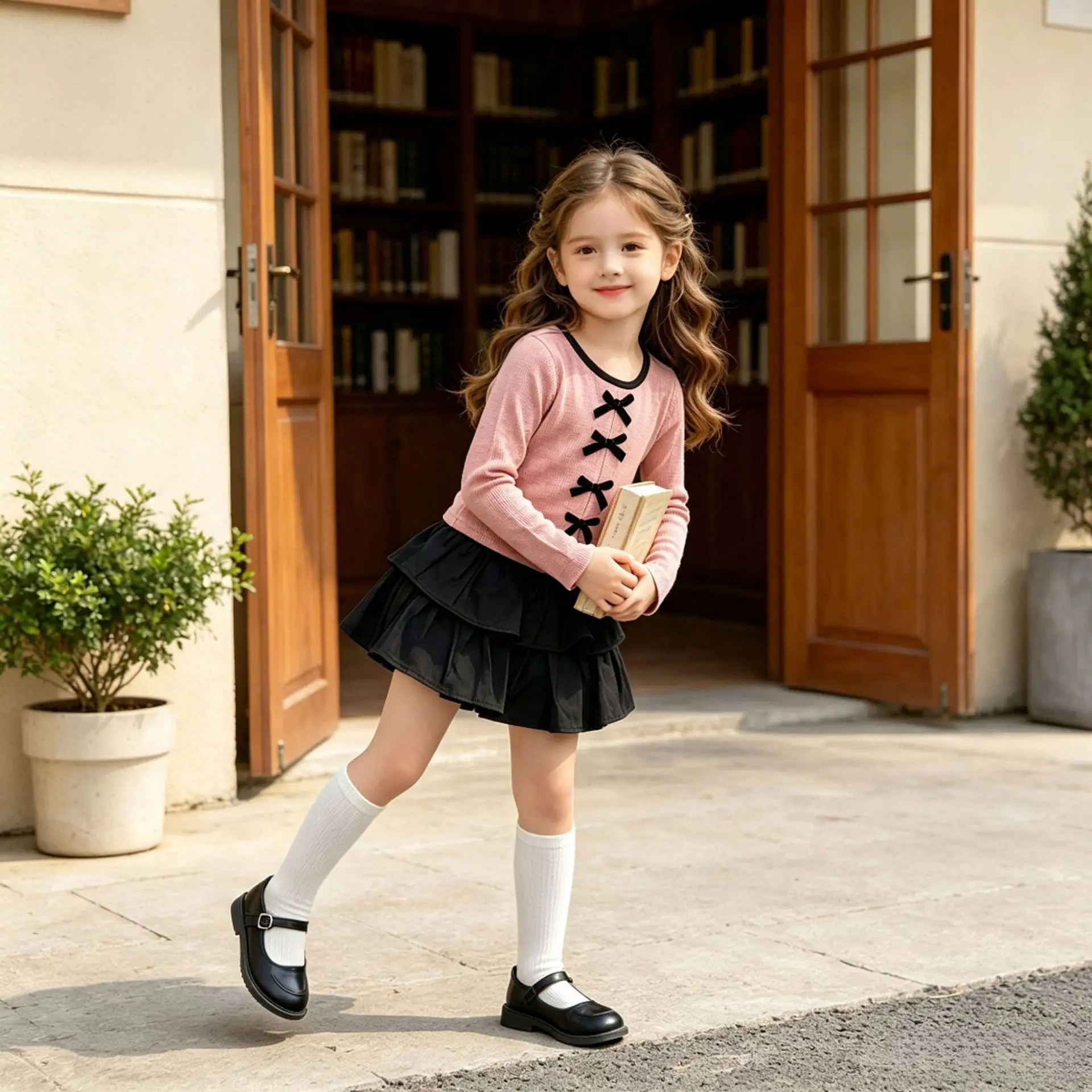 Girls Korean Style 2 Piece Set Fall Kids Criss Cross Pink Bow Knit Top Ruffle Cake Skirt Toddler Casual Outfit 90-140cm