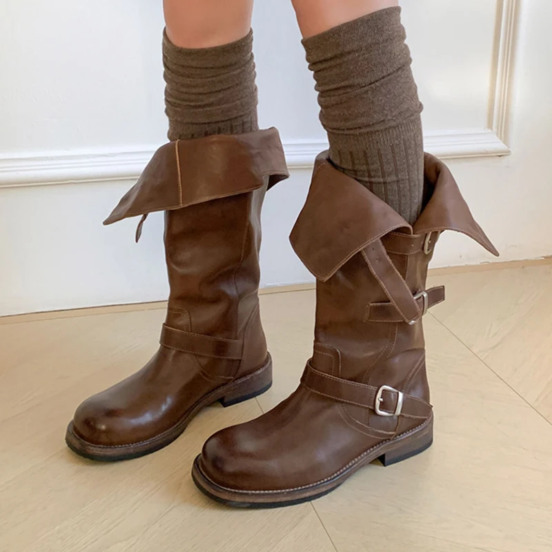 

New Women Knee High Boots Flats Shoes Buckle Chelsea High Boots Winter 2025 Fashion Sport Running Shoes Warm Snow Botas Mujer