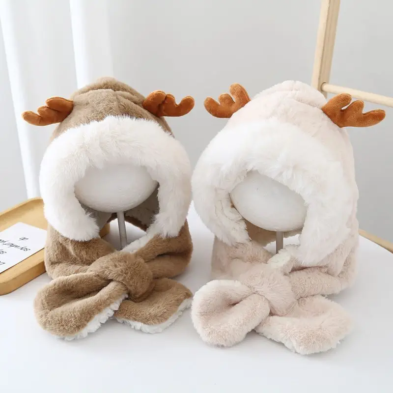 Winter Kids Hat for Boy Girl Cartoon Deer Antler Scarf One-Piece Faux Fur Baby Bonnet Thicken Infant Earflap Cute Christmas Gift