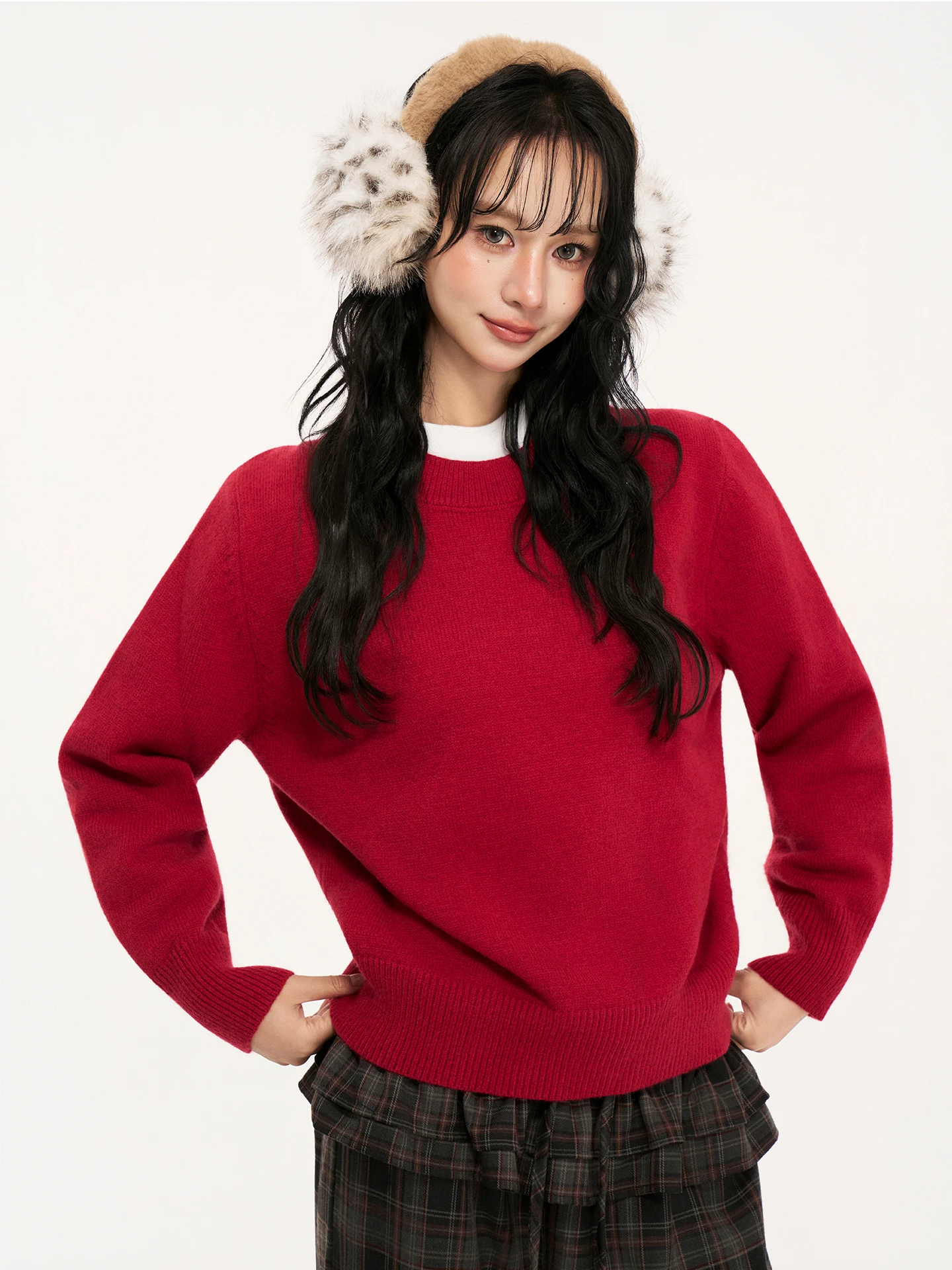 

Красный вязаный шерстяной свитер с круглым вырезом, женский модный утепленный пуловер с длинными рукавами, винтажный зимний топ