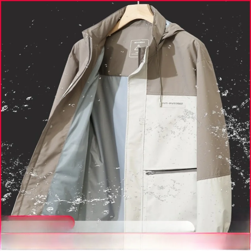 

High-End Men's Outdoor Waterproof Windproof Hooded Jaet Tee-Proof Fabric Sports Casual Coat Stand Fit Youth Trend