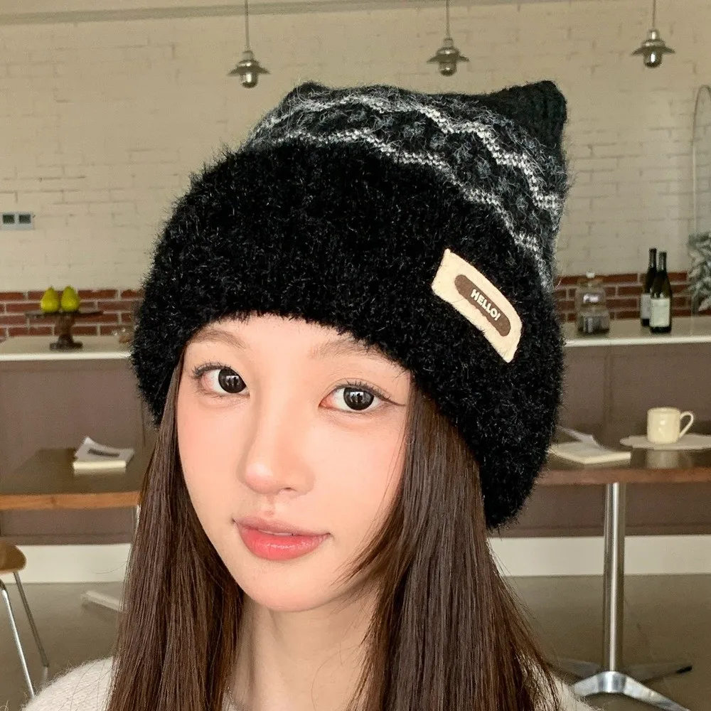 Polyester Knitted Beanie Hat 56cm To 58cm Circumference Thick Knit Cat Ear Beanie Fair Isle Pattern Warm Winter Fleece Lined Hat