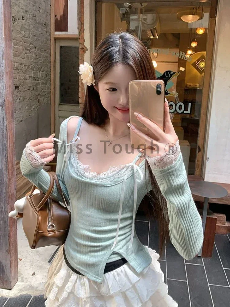 2024 Sweet Pure Style Green Base Tops Women Autumn Winter Lace Two Piece Clothes Sweet Spice Girl Bow Casual Cropped T-shirt New