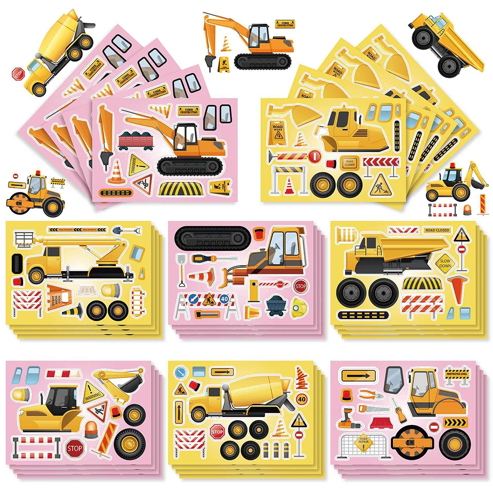 8/16Sheets Children DIY Puzzle Stickers Engineering Truck Make a Face Jigsaw Assemble Game For Kids Baby Funny Toys Party Favor