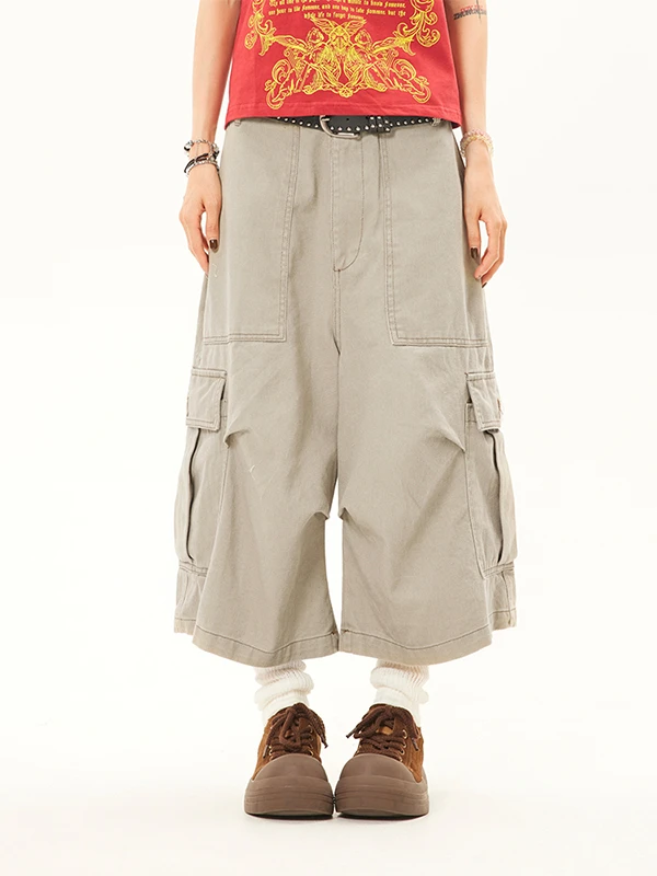 

ZHL Studio American Retro Distred Multi-ket Loose Workwear orts Women's High Waist Wide Leg Seven-Foot Pants