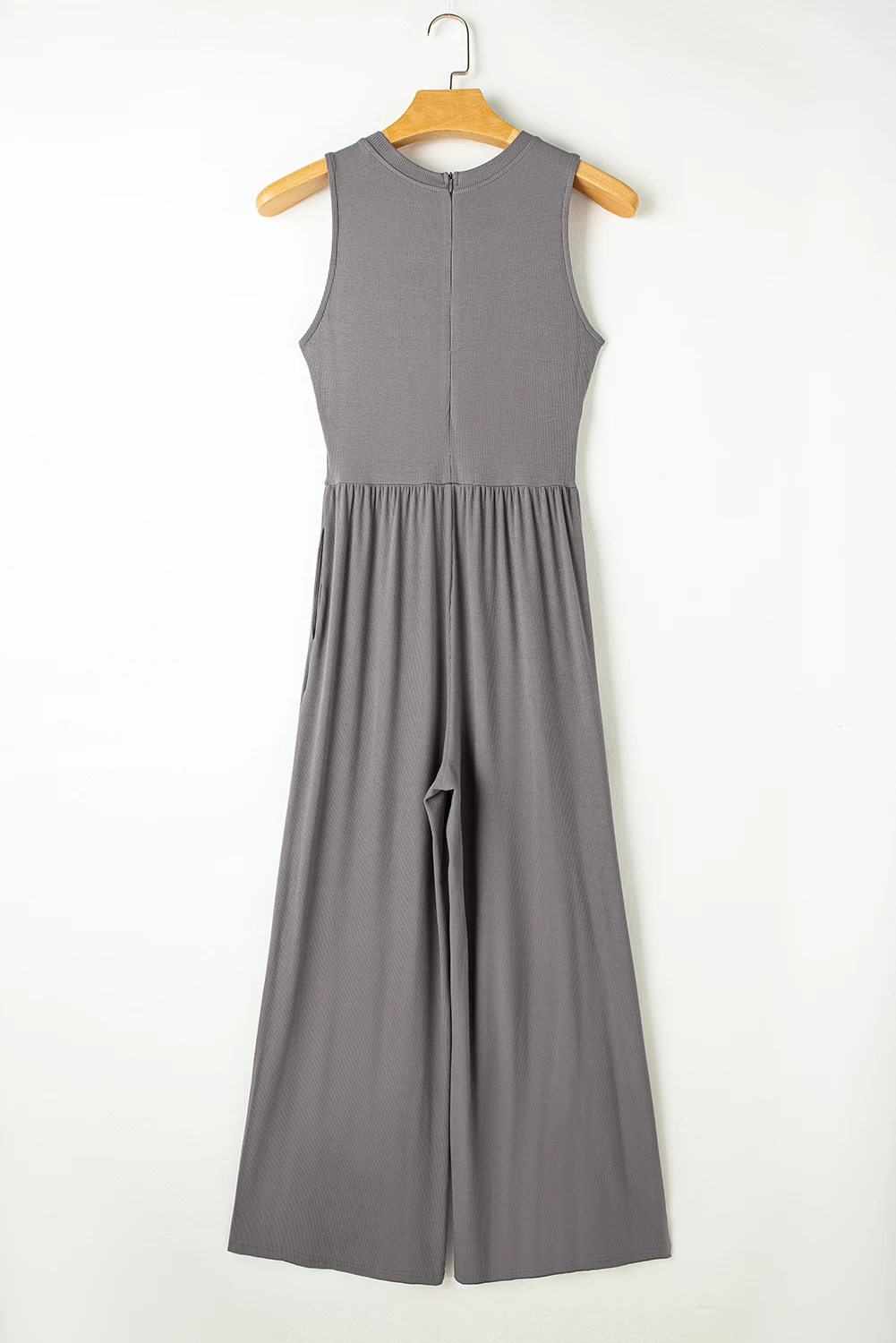 Solid Color Round Neck Cinched Waist Sleeveless Wide Leg Jumpsuit with Pockets