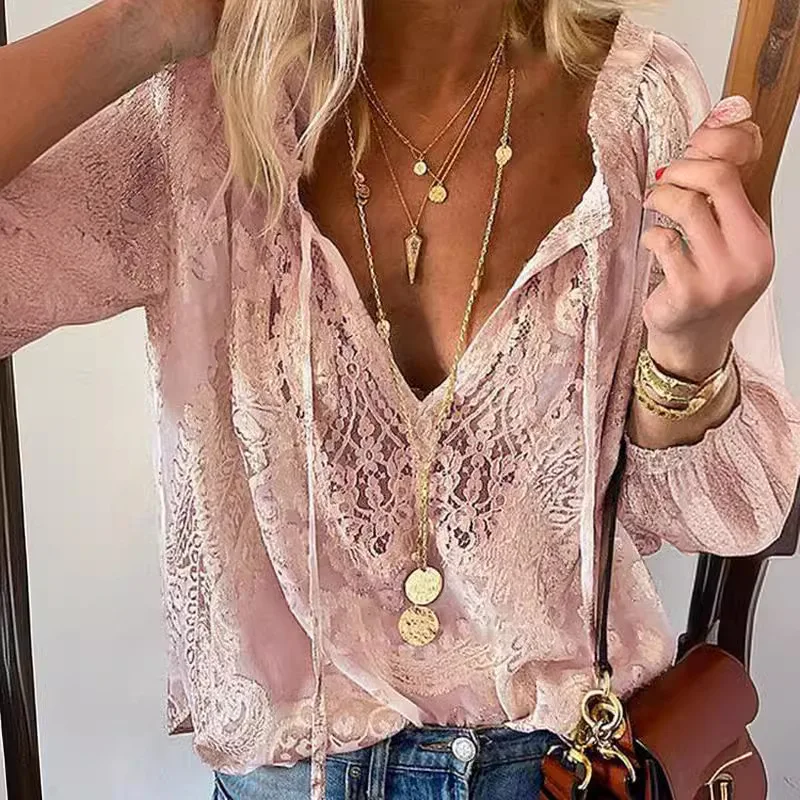 Women Solid Color Lace Shirt Temperament Commuting Loose-Fitting Sexy Hollow Out V-Neck Long Sleeve Blouses Female Clothing