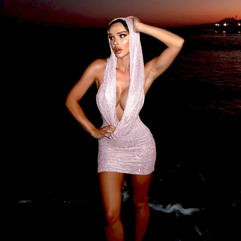 

Women Backless Swing Collar Stretch Skinny Sleeveless Mini Dress Fine Flash Hooded Dress Summer Sexy Midnight Hipster Bodycon