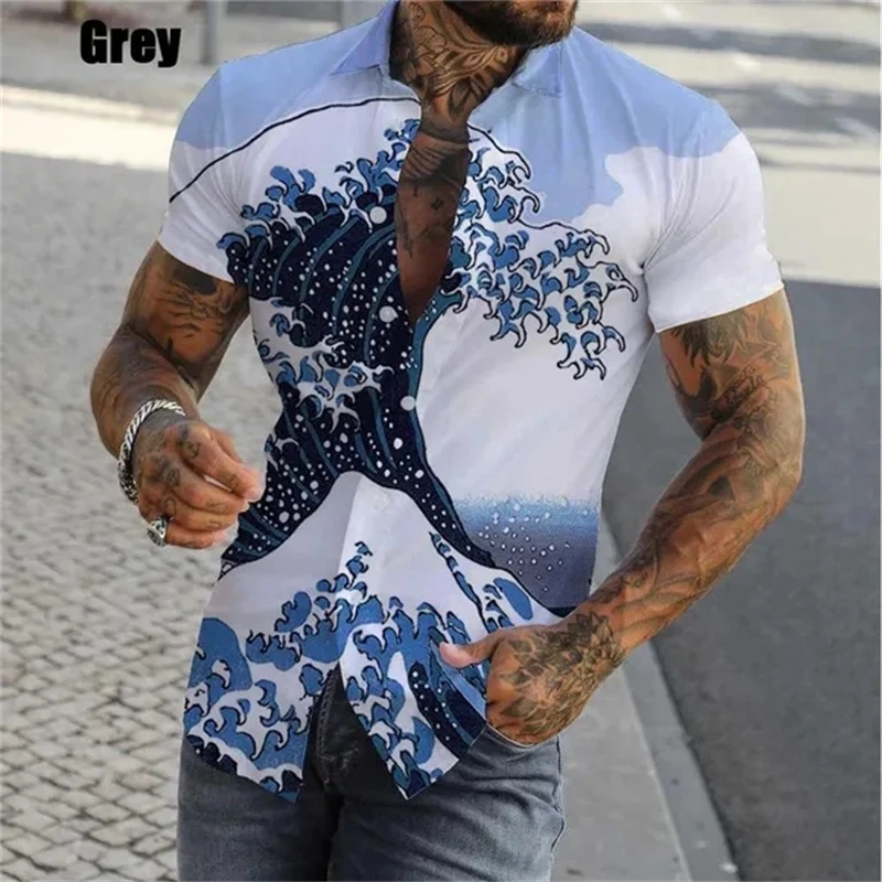 New Sea Ocean Wave Graphic Shirts For Men Clothing 3D Surf Hawaiian Beach Shirts Short Sleeve Y2k Vintage Clothes Lapel Tops Tee