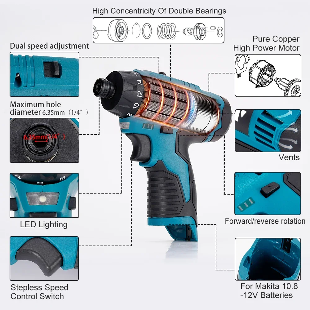 12V Cordless Drill Electric Screwdriver 2-Speed 1/4 inch Screwdriver Wireless Hand Driver Wrench Power Tool For Bosch Battery