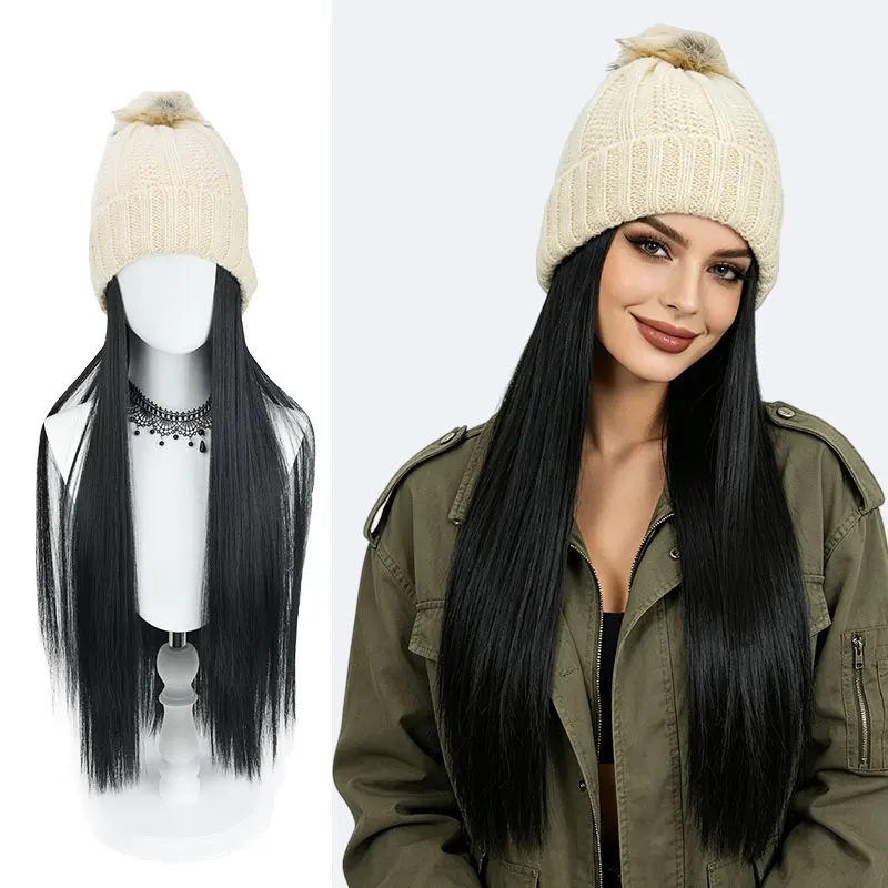 24inch Women's Knitted Wool Hat with Integrated Wig, Long Straight Synthetic Hair Hat Wig, Fashionable and Trendy, Easy to Wear Suitable for Daily Use, Photography, Parties, and Other Occasions. The Best Choice for Giving Gifts