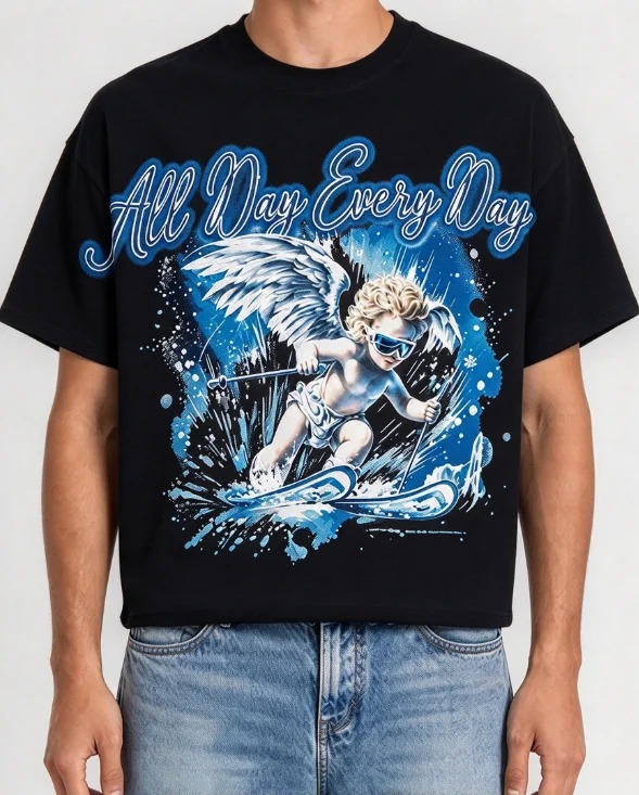 Men Oversized T Shirt All Day Every Day Ski Angel Graphic Print Short SleeveTee Y2K Streetwear Vintage O-neck Casual Unisex Tops