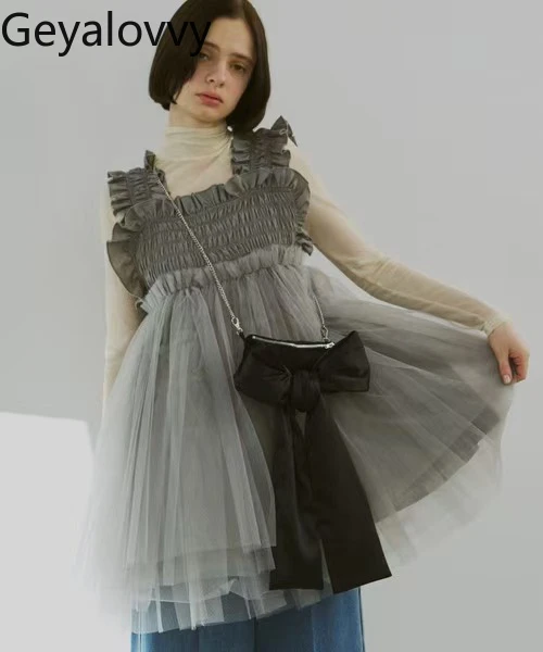 Estilo japonês nicho design senhora vestido elegante com bordas babados casual em camadas plissados pesados vestidos sem mangas femininos