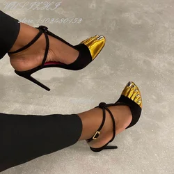 Schwarzer Riemchen Gold runde Zehen Fünf-Finger-Sandalen Mädchen Stiletto Knöchel riemen Sommer Wildleder Hohl absätze Laufsteg Street Style Schuhe