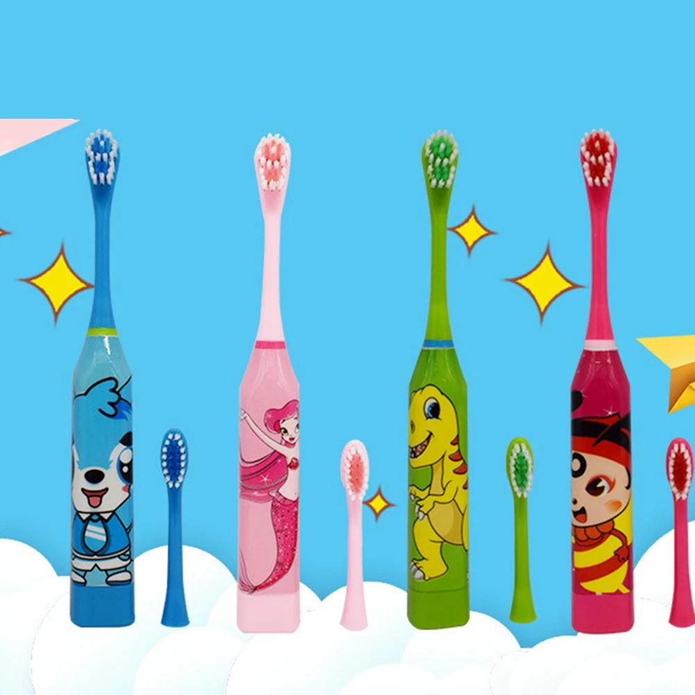 Brosse à dents électrique sonique pour enfants, motif de dessin animé, tête de brosse à dents remplaçable, brosse à dents à ultrasons verte