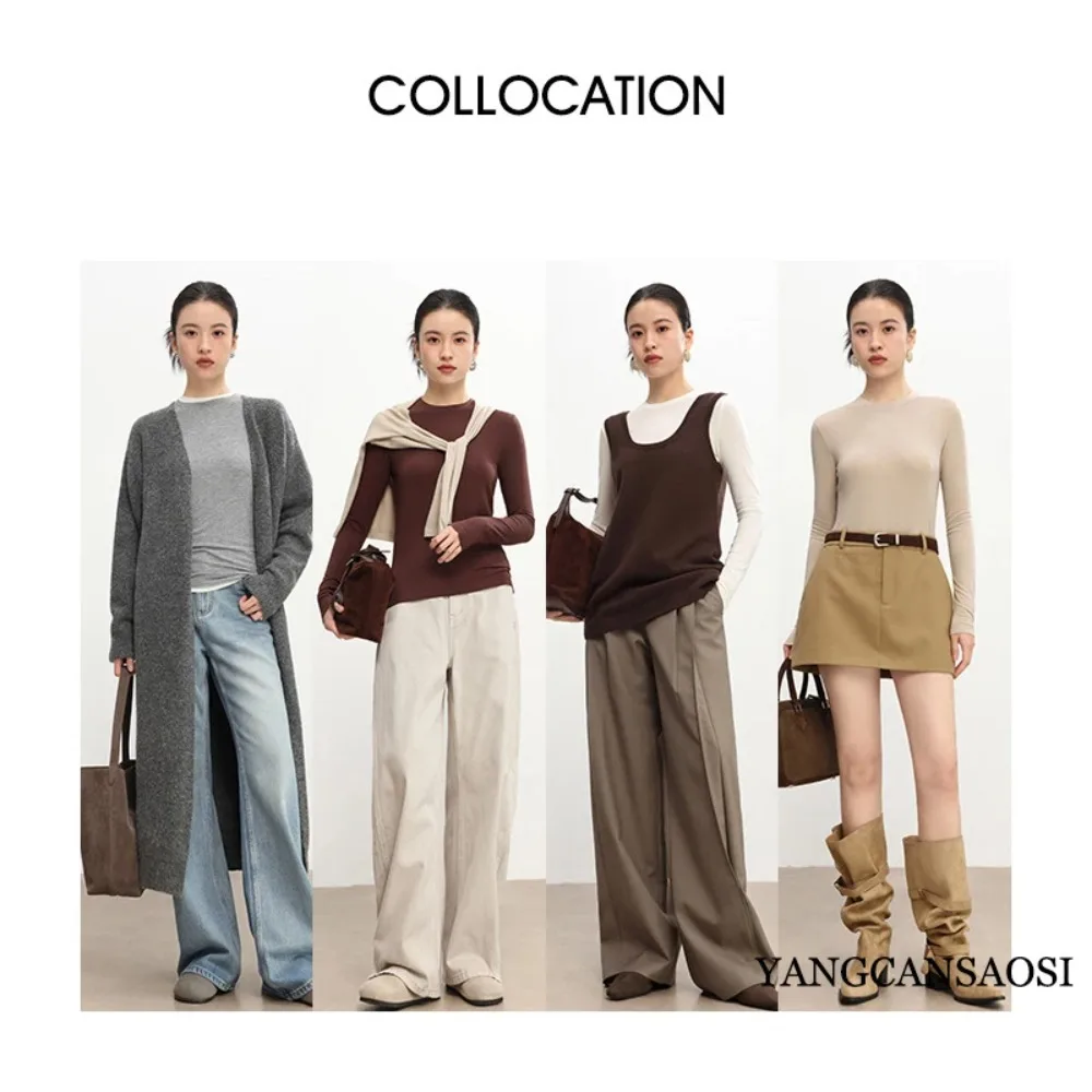 ملابس نسائية أوائل الربيع ناعمة خفيفة ورقيقة 30% صوف خفيفة الوزن ورقبة دائرية وأكمام طويلة بقصة ضيقة سترة قاع صلبة