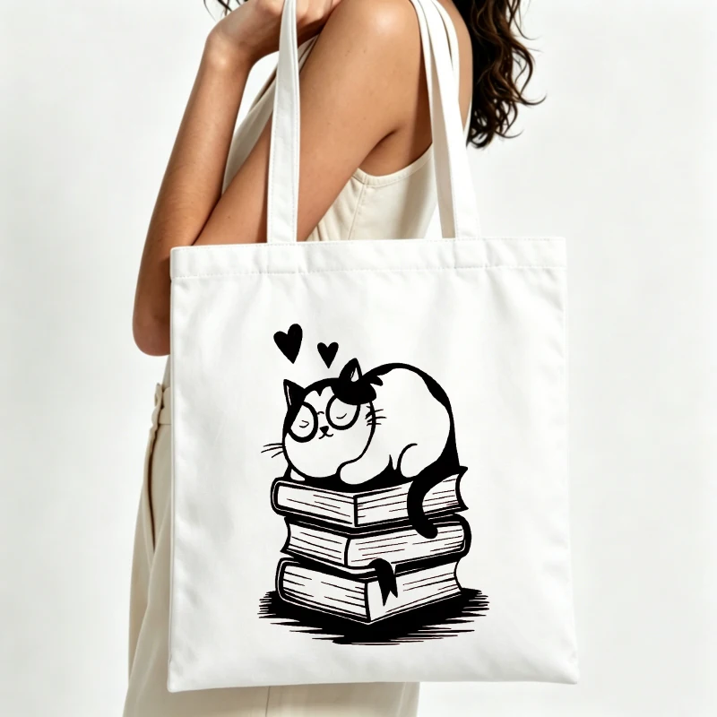 cat on books graphic canvas tote bag, casual style for daily shopping and reading outings