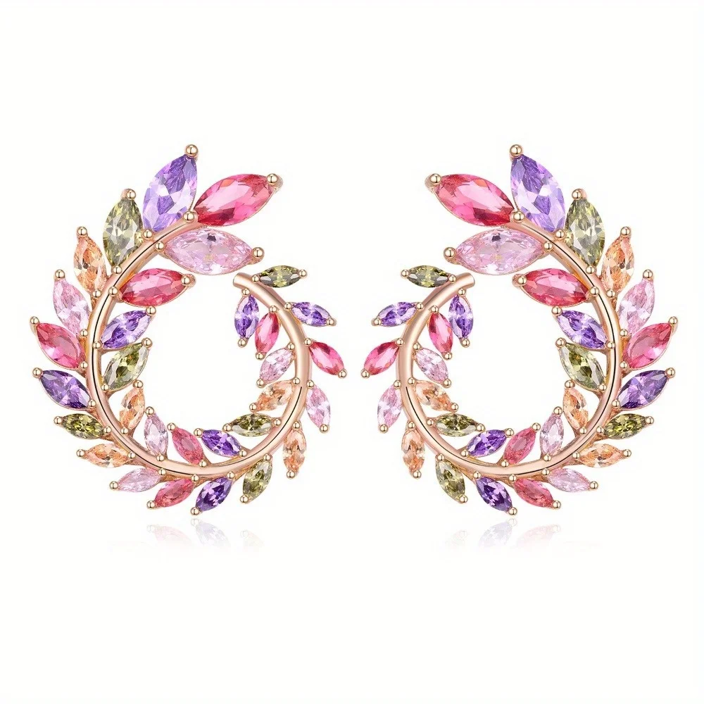 Personalized 18k Gold Hand-inlaid Colored Zircon Earrings Holiday Style Romantic Beautiful Wreath Shape Earrings