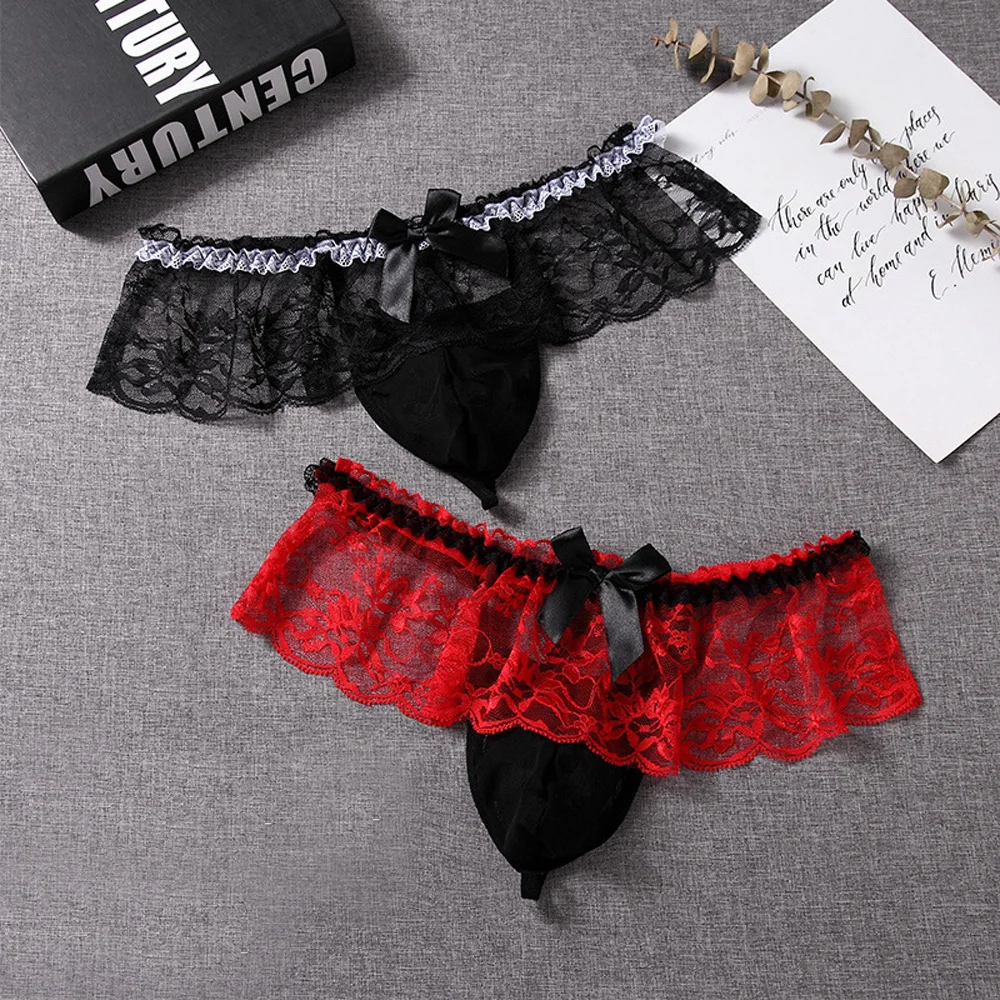 Mesh G-string Thong Transparent Ventilate Lace Flower Pattern Hemline Hem Low Rise Ruffle Bulge Pouch Butterfly Knot Man Underwe