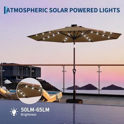 Solar LED Patio Umbrella with Tilt & Crank | 32 Led Solar Light Umbrella, UPF 50+ Uv Protection; Wind Resistant Outdoor