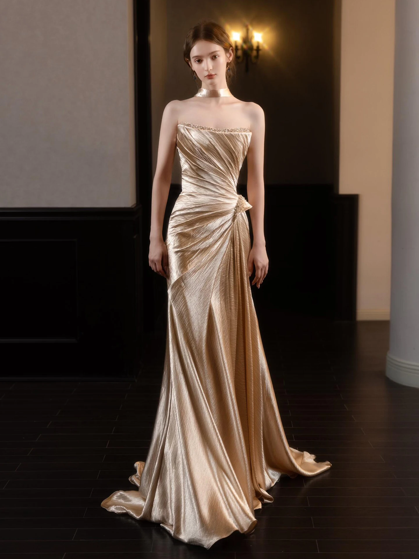

Champagne Color Bridesmaid Gown 2025 New Faion Sensation Strapl Wedding Dr Engagement Par Tail Fi Tailed Host ...