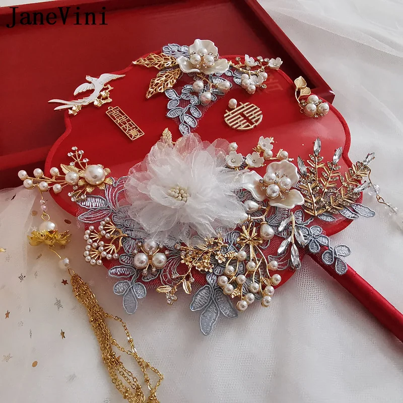 JaneVini White Flowers Red Bridal Fan Vintage Chinese Style Bride Fan Pearls Tassel Crystal Wedding Bouquet Hanfu Accessories