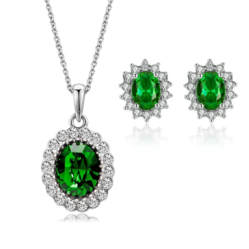

New European and American fashion women's rhinestone emerald gemstone pendant necklace earrings set jewelry