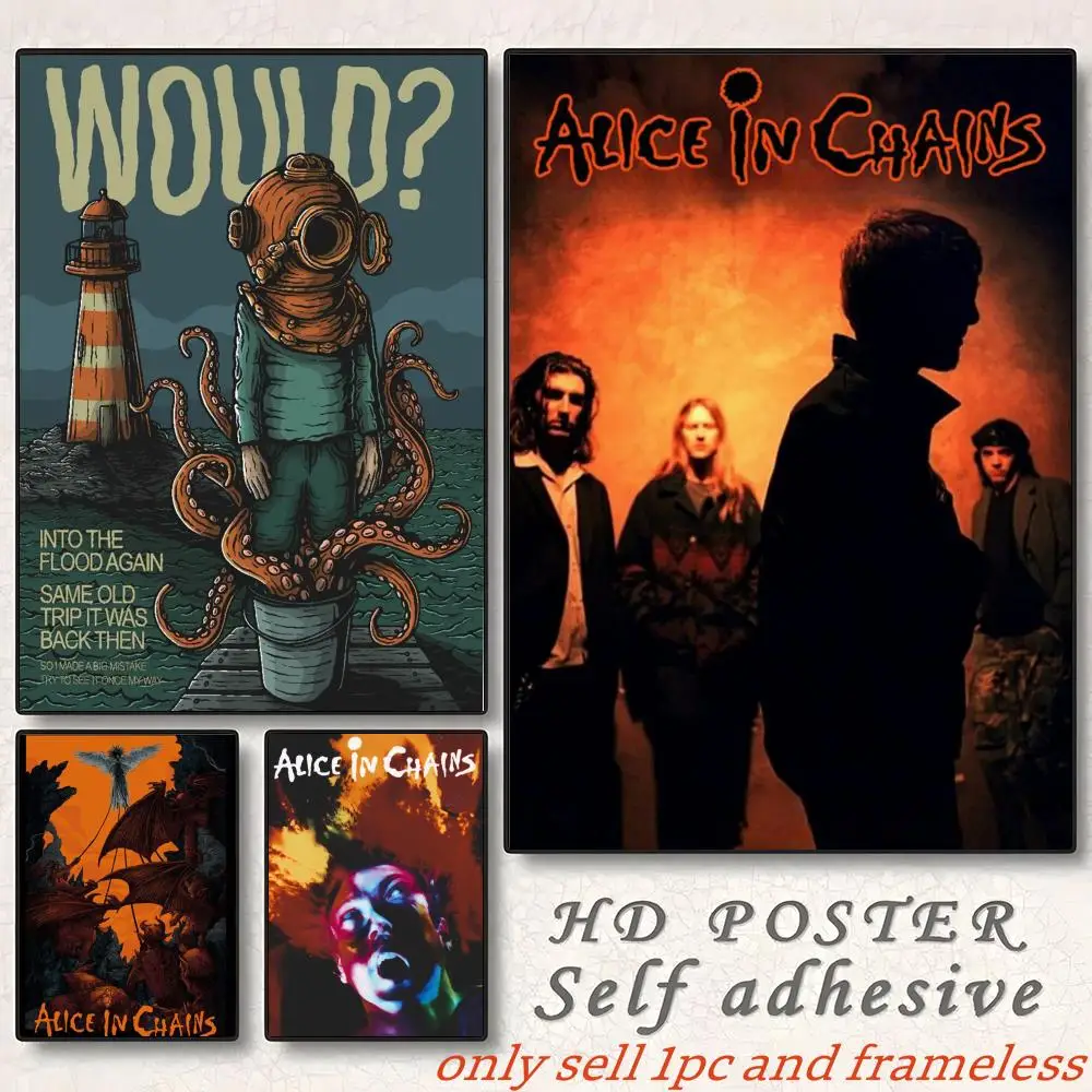 Retro Grunge Music Alice In Chains-Band Singer Poster Self-adhesive Painting with prints Home bedroom living room decoration