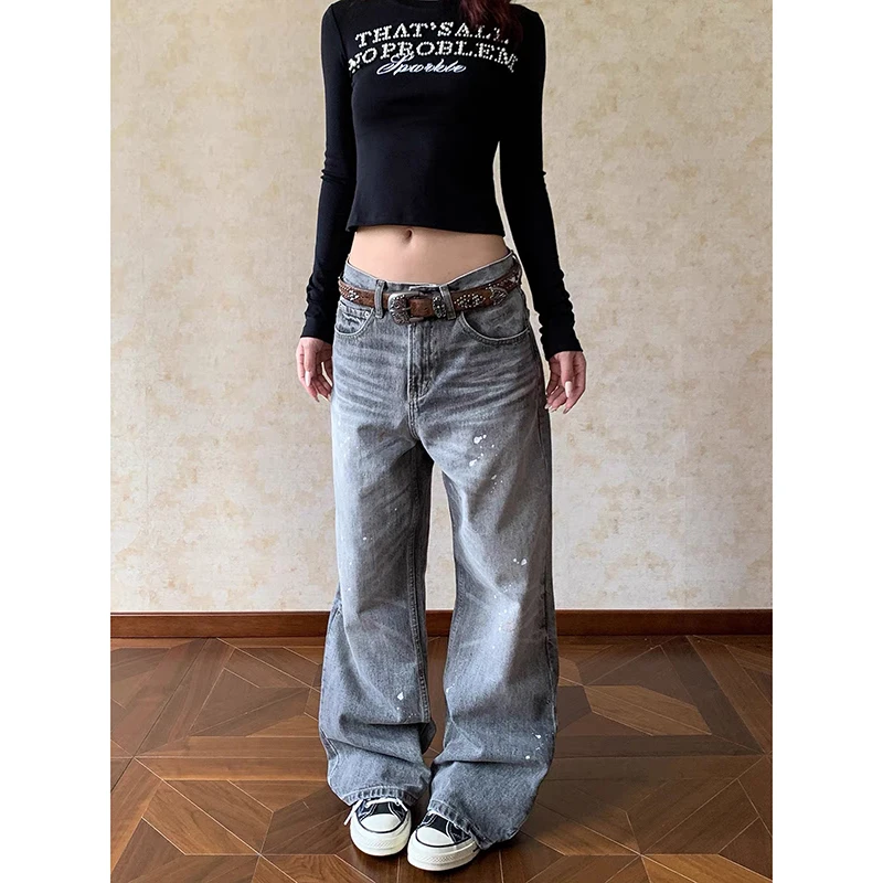 ZHIZOU Damen Grau Y2k Baggy Jeans Harajuku Vintage 90er Jahre Weites Bein Denim Hose Ästhetischer 2000er Jahre Stil Oversize Jeans Hose Herbst