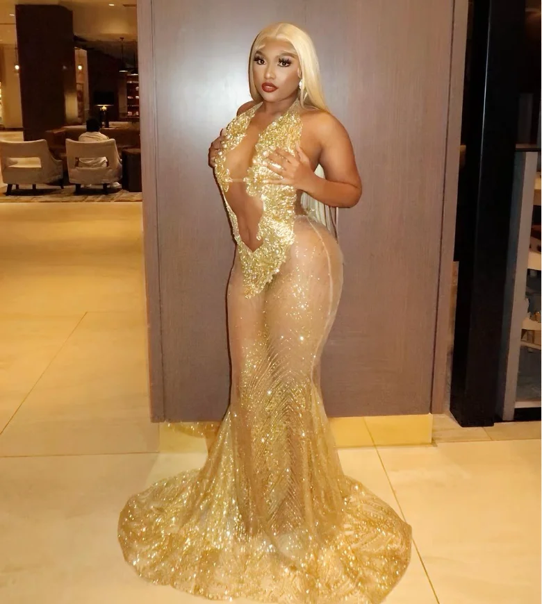 Customized  Sparkling Gold Prom Dresses 2025 African Girls Sexy See Through Party Dresses Sequins Applique Cocktail Dresses