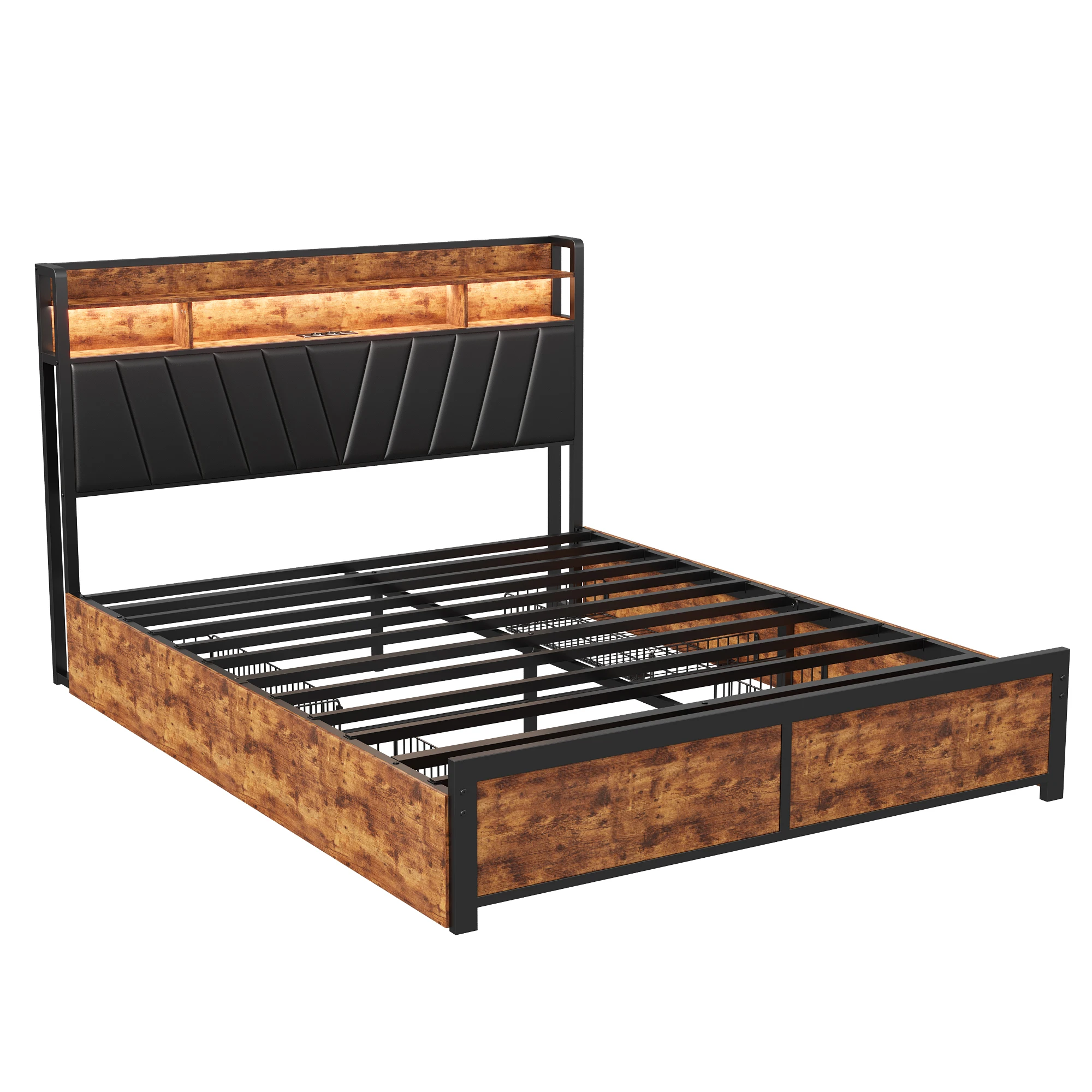 Comanlai Tweepersoonsbed, met LED-verlichting & USB-oplaadstation in het hoofdeinde, ladebed, met 4 opbergvakken en zwarte metalen frame.