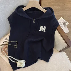 Pure Color Hooded Knitted Vest Women's Spring Autumn New Zipper Design Sweater Jacket Orange Kawaii Style Commute Fashion