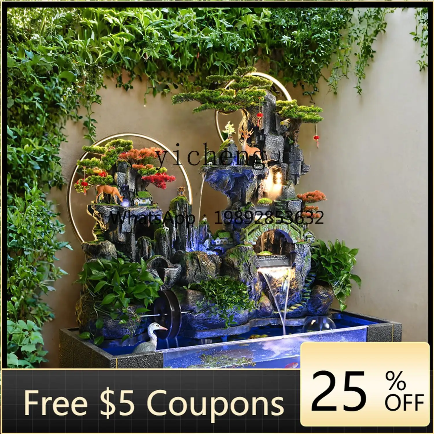 1TWR rockery, flowing water fountain ornament, lobby garden layout, floor-to-ceiling feng shui wheel to attract wealth