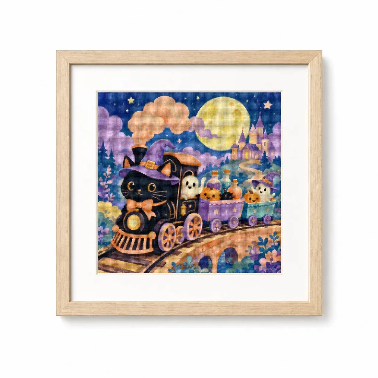 [CC6235-Halloween Ghost Train] Stamped Cross Stitch Kit 11/14/16/18CT Pre Printed Canvas Cotton Thread DIY Embroidery Wall Decor
